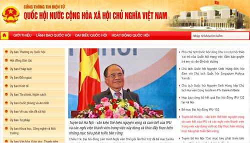 Giao diện trang chủ Cổng thông tin điện tử Quốc hội (www.quochoi.vn)
