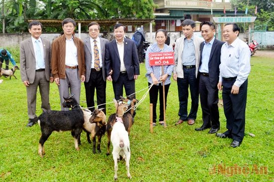 Đại diện lãnh đạo huyện và bác sỹ Minh Sơn chứng kiến các gia đình nhận dê.