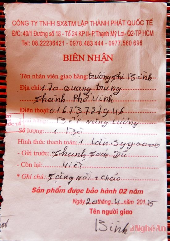 Giấy nhận tiền của ông Nho bản Nam Đình