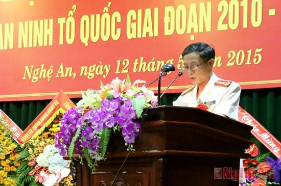 Đại tá Phạm Bá Hậu, Phó Cục trưởng Cục công tác chính trị Bộ Công an phát biểu tại Đại hội