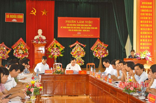 Bà Hồ Thị Hạnh- Chủ tịch UBND xã Nghĩa Bình báo cáo quá trình xây dựng NTM mới