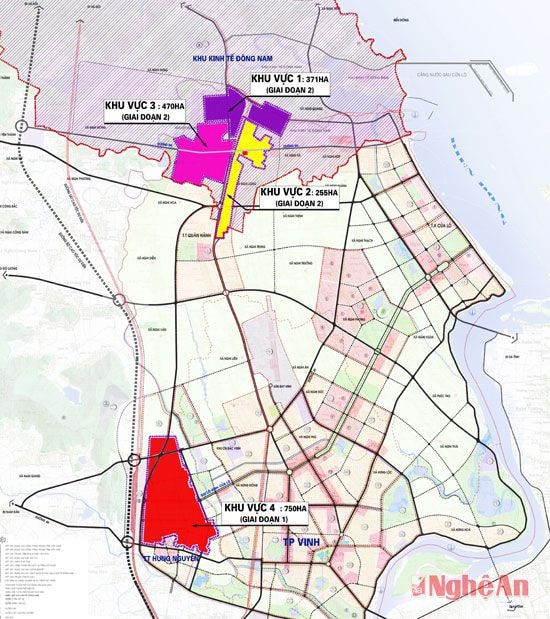Dự án khu công nghiệp VSIP – Nghệ An do Công ty Liên doanh TNHH Khu công nghiệp Việt Nam Singapore (là liên doanh giữa Tổng Công ty Becamex IDC và Tập đoàn Sembcrop – Singapore) làm chủ đầu tư. Dự án có diện tích dự kiến 1475 ha, tổng vốn đầu tư đăng ký giai đoạn 1 là 3000 tỷ đồng. Ảnh: Quy hoạch điều chỉnh bổ sung dự án VSIP (màu đỏ) trong tổng thể khu kinh tế Đông Nam.