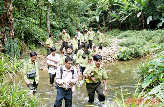 Cán bộ BQL, Hạt Kiểm lâm tuần tra rừng vùng lõi.