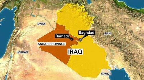 Vị trí của thành phố Ramadi trên bản đồ. Việc chiếm được Ramadi sẽ khiến chính phủ Iraq vô cùng lo ngại bởi 2 thành phố này chỉ cách nhau hơn 100 km.  Nguồn: CNN