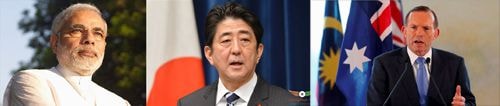 Từ trái qua phải: Thủ tướng Ấn Độ Narendra, Thủ tướng Nhật Bản Shinzo Abe và Thủ tướng Australia Tony Abbott . Ảnh Internet