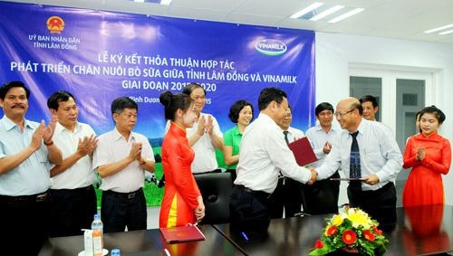 Đại diện lãnh đạo tỉnh Lâm Đồng và Vinamilk cùng ký kết thỏa thuận hợp tác phát triển chăn nuôi bò sữa giữa tỉnh Lâm Đồng và Vinamilk giai đoạn 2015-20120