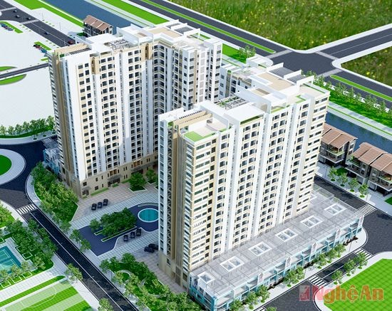 Phối cảnh góc Khu nhà ở cao tầng kết hợp khu dịch vụ thương mại và nhà thấp tầng.