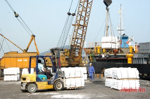 Bốc xếp bột đá trắng xuất khẩu tại Cảng Cửa Lò. Ảnh: đình nhật