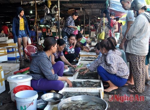 Khách hàng mua hải sản tại chợ hải sản Cửa Lò.