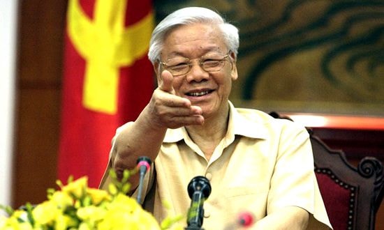 Tổng Bí thư Nguyễn Phú Trọng tại buổi họp báo trước khi bắt đầu chuyến thăm Mỹ. Ảnh: AP
