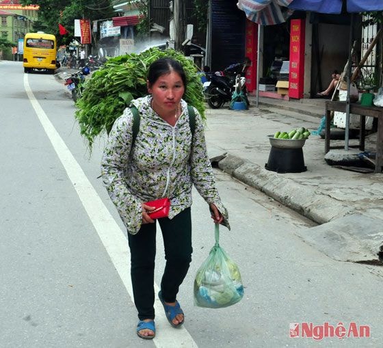 Người phụ nữ dân tộc Mông ở bản Sơn Hà (xã Tà Cạ) gùi rau ra chợ.