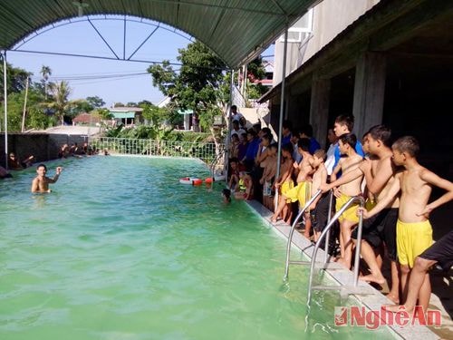  Các em được thầy giáo hướng dẫn cụ thể kỹ thuật học bơi