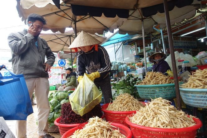 Rễ cây được gọi là sâm đỏ Lang Biang bày bán chung với những loại nông sản khác của Đà Lạt - Ảnh: MAI VINH