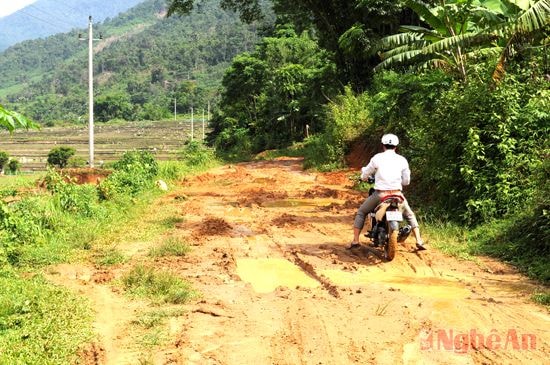 Đường về bản ở xã Nậm Giải (Quế Phong) lầy lội sau một đêm mưa.