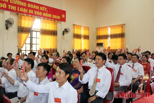 Các đại biểu thông qua Nghị quyết Đại hội Đảng bộ Thị xã Hoàng Mai nhiệm kỳ 2015 -2020