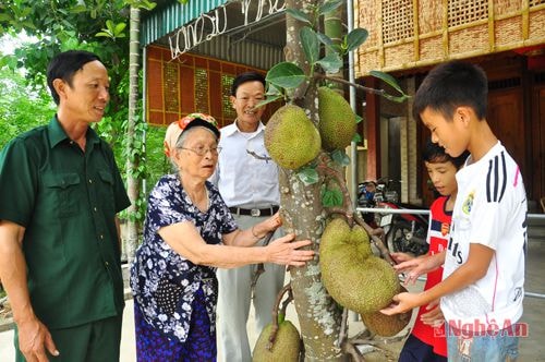 Bà mẹ VNAH Đinh Thị Bốn ở xóm 16 (Hưng Long, Hưng Nguyên) cùng cháu con bên cây mít vườn nhà.