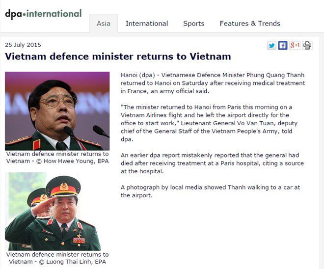 Bản tin cải chính về tình hình sức khỏe Đại tướng Phùng Quang Thanh của DPA (Nguôn: Ảnh chụp màn hình)