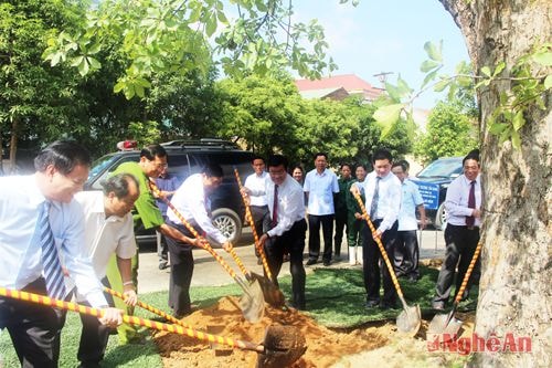 Nhân dịp UBND tỉnh có trụ sở mới, đồng chí Trương Tấn Sang và các đồng chí lãnh đạo Trung ương, lãnh đạo tỉnh đã trồng cây lưu niệm taj khuôn viên trụ sở.