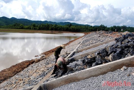 Nâng cấp đập chứa ở Quỳnh Tam (Quỳnh Lưu). Ảnh: văn trường