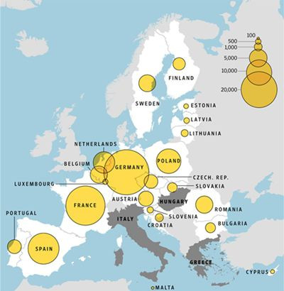 Số người tị nạn dự kiến được phân bổ cho mỗi nước EU  Nguồn: WallStreetJournal 