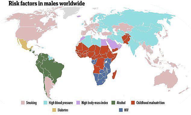 Bản đồ thể hiện những yếu tố nguy cơ lớn nhất gây chết sớm ở nam giới trên khắp thế giới. Nhìn chung, cao huyết áp (xanh da trời) là yếu tố nguy cơ số 1 có liên quan với tử vong toàn cầu năm 2013, góp phần gây ra 10,4 triệu ca tử vong nguy cơ, tử vong, chế độ ăn
