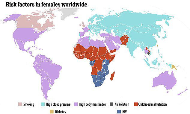  Bản đồ cho thấy những yếu tố nguy cơ lớn nhất gây chết sớm ở phụ nữ trên khắp thế giới. Sau cao huyết áp (màu xanh da trời), BMI (tím) cao là yếu tố nguy cơ đứng thứ 2 liên quan với tử vong.