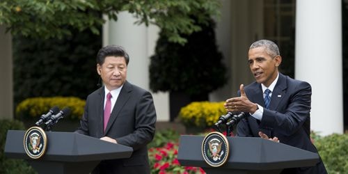 Ông Tập Cận Bình và ông Obama trong buổi họp báo chung tại Nhà Trắng. Ảnh: Reuters