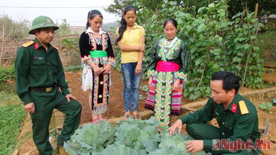 l Cán bộ Đoàn Kinh tế - Quốc phòng 4 (Bộ CHQS tỉnh) hướng dẫn người dân xã Na Ngoi, huyện Kỳ Sơn trồng rau.
