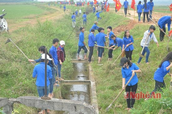 Học sinh THPT Tân Kỳ 1 tham gia nạp vét, phát quanh kênh mương thủy lợi