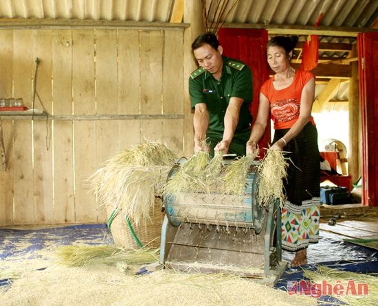Cán bộ Đồn Biên phòng Tri Lễ (Quế Phong) giúp dân bản tuốt lúa. Ảnh: Nguyên Sơn