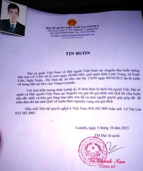 Đại sứ quán Việt Nam tại Angola thông báo về cái chết của anh Quế