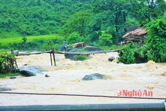 Mạo hiểm vượt lũ trên cầu tạm ở bản Tặng Phăn (Na Ngoi - Kỳ Sơn)