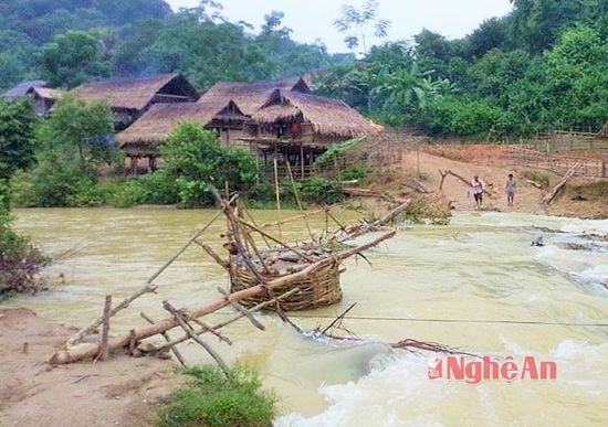 Cây cầu bắc qua suối bằng tre nứa ở bản Thà Lạng (Bảo Thắng - Kỳ Sơn)