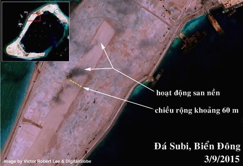 Hình ảnh đường băng được san nền trái phép trên đá Subi, thuộc quần đảo Trường Sa của Việt Nam. Ảnh: DigitalGlobe