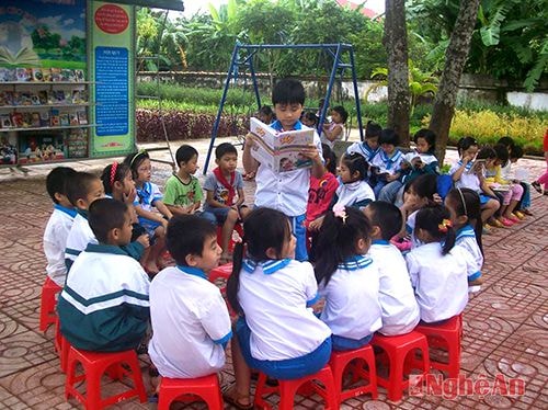 Học sinh Trường Tiểu học Hòa Hiếu 2 (TX. thái Hòa) đọc sách tại Thư viện di động.