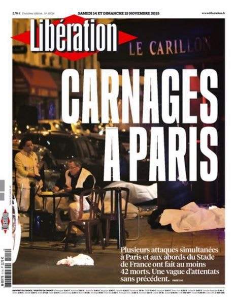 Các trang báo Pháp đưa tin về vụ tấn công ngày 13/11.( Ảnh: Le Monde)