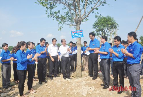 Đoàn viên mới của trường THCS Thái Lão ( Hưng Nguyên) gắn biển trồng cây xanh tại quảng trường Xô Viết Nghệ Tĩnh