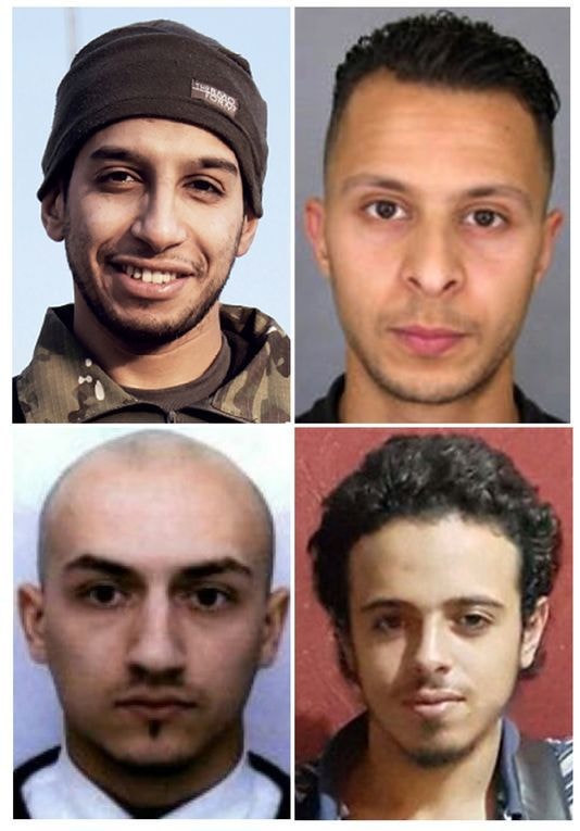 Từ trên bên trái cho đến phải là Abdelhamid Abaaoud Salah Abdeslam Bilal Hadfi và Samy Amimour AFP.jpg