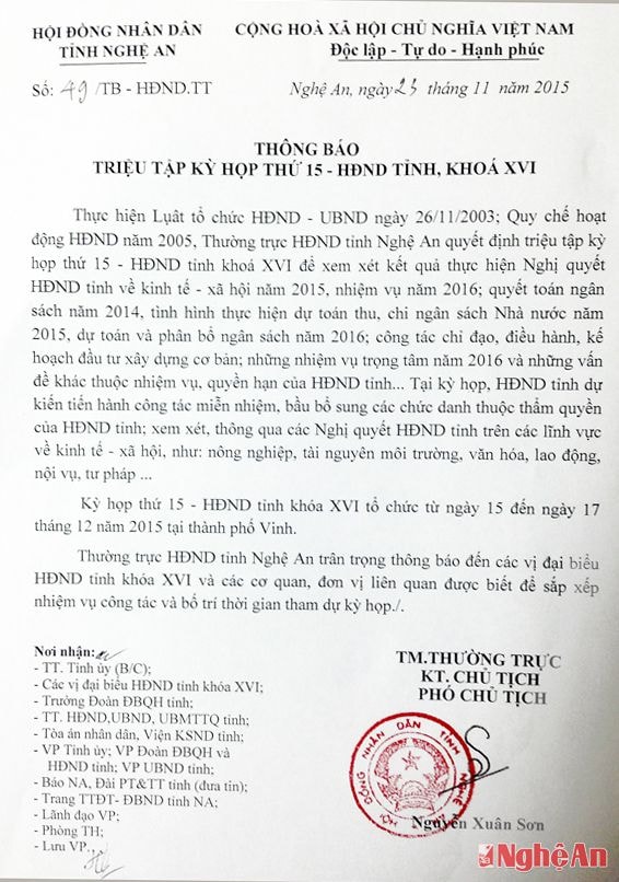 Thông báo triệu tập kỳ họp lần thứ 15 của HĐND tỉnh khóa XVI.