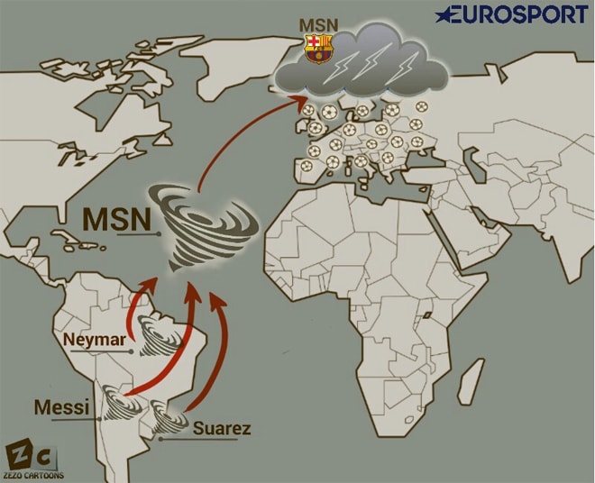 Cơn bão MSN (Messi, Suarez, Neymar) sinh ra ở Nam Mỹ, vượt qua Đại Tây dương và đang hoành hành khắp châu Âu, gây ra những cơn mưa và tình trạng ngập lụt bàn thắng.