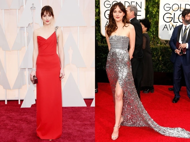 Trung thành với phong cách nữ tính và gợi cảm, mỹ nữ phim 50 Sắc thái - Dakota Johnson - nhiều lần tỏa sáng trên thảm đỏ. Ở các sự kiện, nữ diễn viên hầu hết ưu ái những chiếc đầm hở lưng, cắt xẻ nhẹ nhàng hay váy slipdress điệu đà.