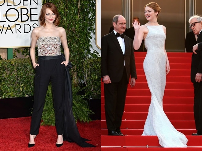 Danh sách mặc đẹp nhất năm 2015 chắc chắn không thể thiếu nữ diễn viên Emma Stone. Với làn da trắng sứ, cô đổi phong cách linh hoạt và đa dạng trên thảm đỏ. Sự phá cách hoàn hảo của Stone trong bộ jumpsuit Lanvin thời thượng mà cô mặc trên thảm đỏ Quả Cầu Vàng năm nay (trái) là một trong những khoảnh khắc ấn tượng của làng mốt.