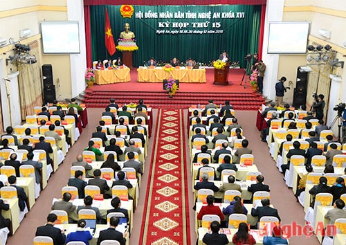 Toàn cảnh phiên khai mạc kỳ họp lần thứ 15 HĐND tỉnh Nghệ An khoá XVI.