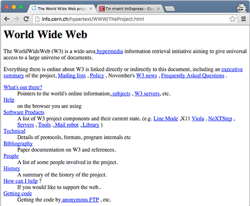  Giao diện trang info.cern.ch, website đầu tiên trên thế giới.