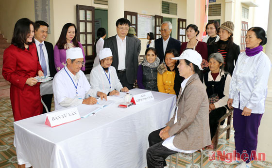 Các đại biểu tham quan mô hình khám chữa bệnh cho người cao tuổi ở trạm y tế xã Quỳnh Lộc
