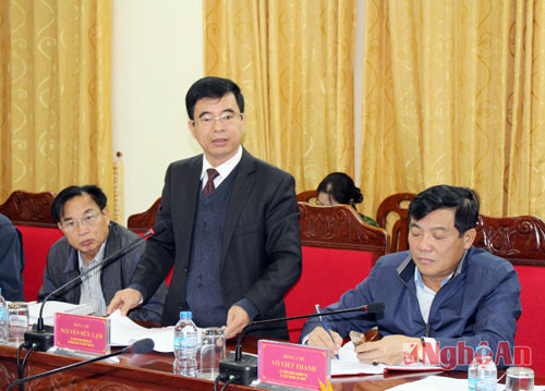 Đồng chí Nguyễn Hữu Lậm - Ủy viên Ban Thường vụ, Trưởng Ban Tổ chức Tỉnh ủy phát biểu ý kiến.