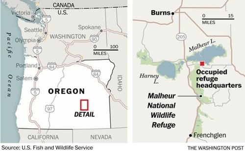 Vị trí Khu bảo tồn động vật hoang dã quốc gia Malheur. Đồ họa: Washington Post.