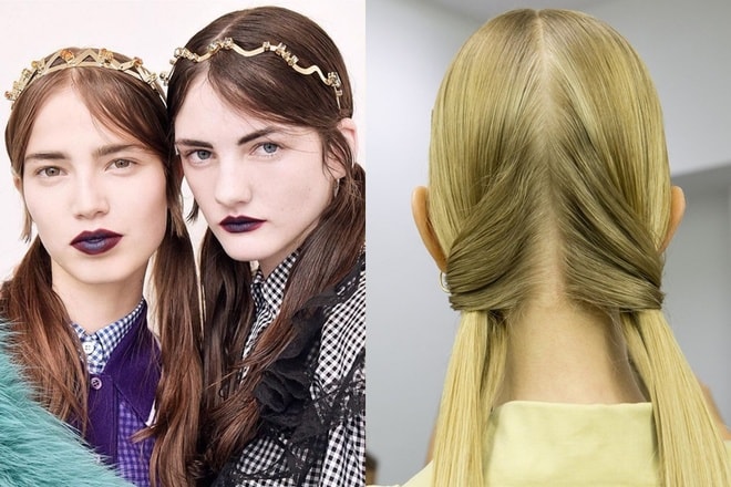 Mốt tóc buộc hai bên (pigtail) xuất hiện trở lại năm nay sau màn trình diễn của hai nhà mốt Chanel và Miu Miu với kiểu tóc hai sừng thắt nơ trẻ trung. Sau đó, các nhà mốt khác như Marni hay Giles biến tấu kiểu tóc này bằng cách quấn hay thắt bím.