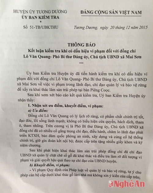 Thông báo khuyết điểm, vi phạm của ông Lô Văn Quang