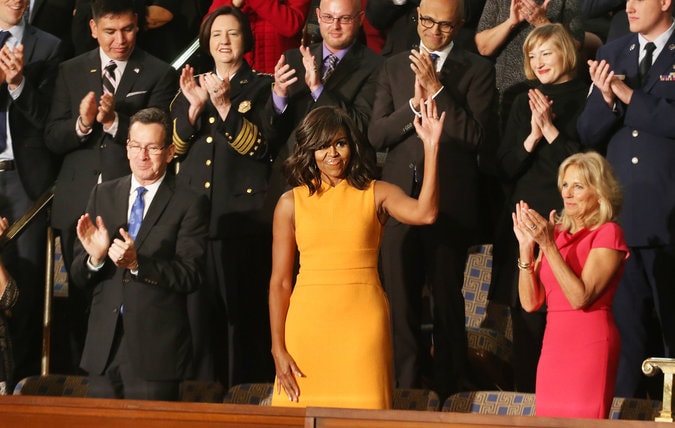 Đệ nhất Phu nhân nước Mỹ Michelle Obama xuất hiện lộng lẫy những không kém phần thanh lịch trong buổi đọc Thông điệp Liên bang của chồng hôm 13/1. Ảnh: NYTimes.